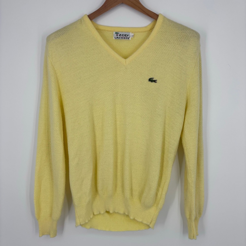 Vintage 70s Izod Lacoste V-Neck Sweater Mens L Yellow Acrylic Knit Pullover Logo